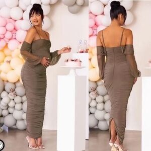 New Club L London Bardot ruched maternity maxi dress brown mocha size 10